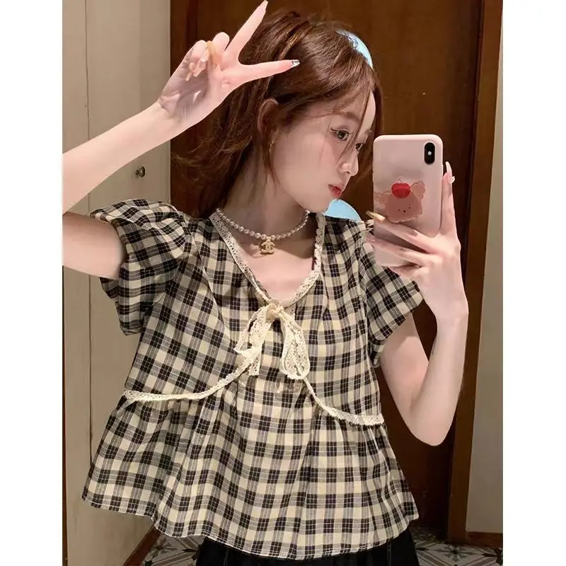 Summer New Plaid Vintage Blouse V Neck Short Sleeve Lace Patchwork Lacing Loose Cute Shirt Tops Korean Fashion Women Clothing