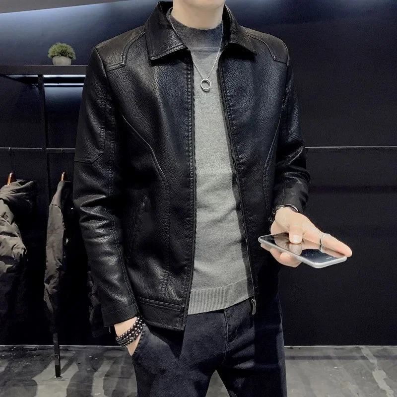 

Корейский стиль, модное мотоциклетное кожаное пальто, мужская верхняя одежда большого размера для отдыха, мужская куртка из искусственной кожи, весна-осень, новый тонкий