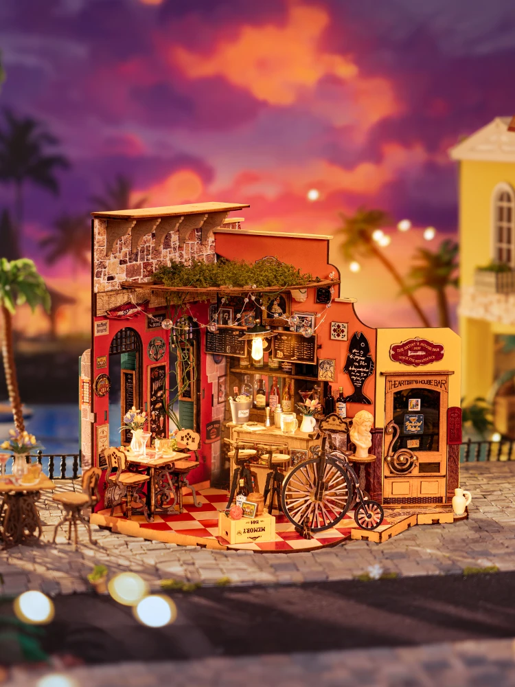 Robotime Rolife DIY Cheers Bar y comedor casa de muñecas con muebles casa de muñecas en miniatura kits de madera juguete para niños adultos (DG173)