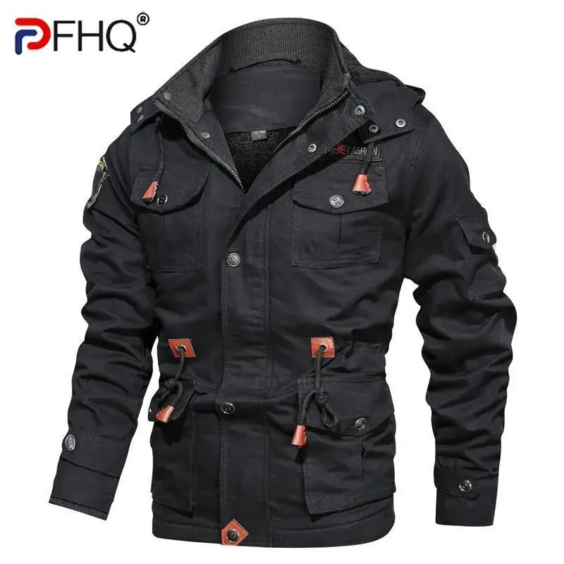 PFHQ Winter Casual Plush Thick Men's Jacket Large Hooded Medium Long Coat American Style Solid Color Male Tops 21Z7359