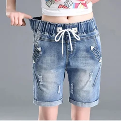 Summer Cuffs Ripped Jeans Woman Elastic Waist Lace Up Shorts With Holes Femme Plus Size Casual Harem Pants Mujer Korean Style