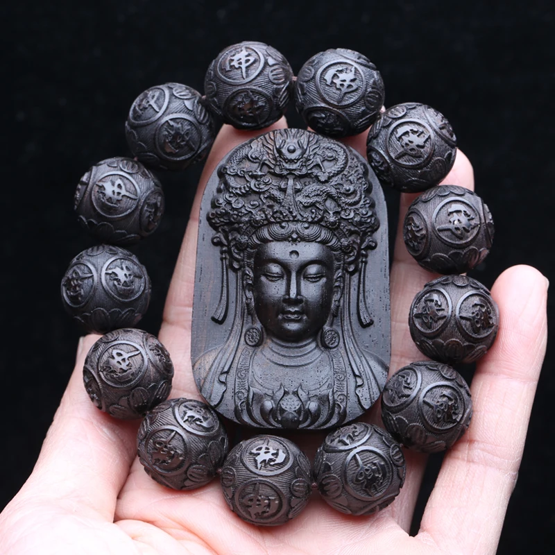 Ebony Beads Wood Carving Beaded Amulet Pendant Buddhist Buddha Statues Lucky Amulet Carving Wooden Artifact Bracelet