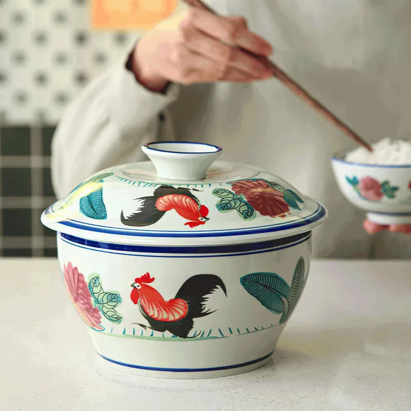 Ceramic Tableware Korean Retro Rooster Ceramic Big Soup Bowl with Lid Porcelain 8.5 Inches Stew Pot Home Kitchen Stock Pot