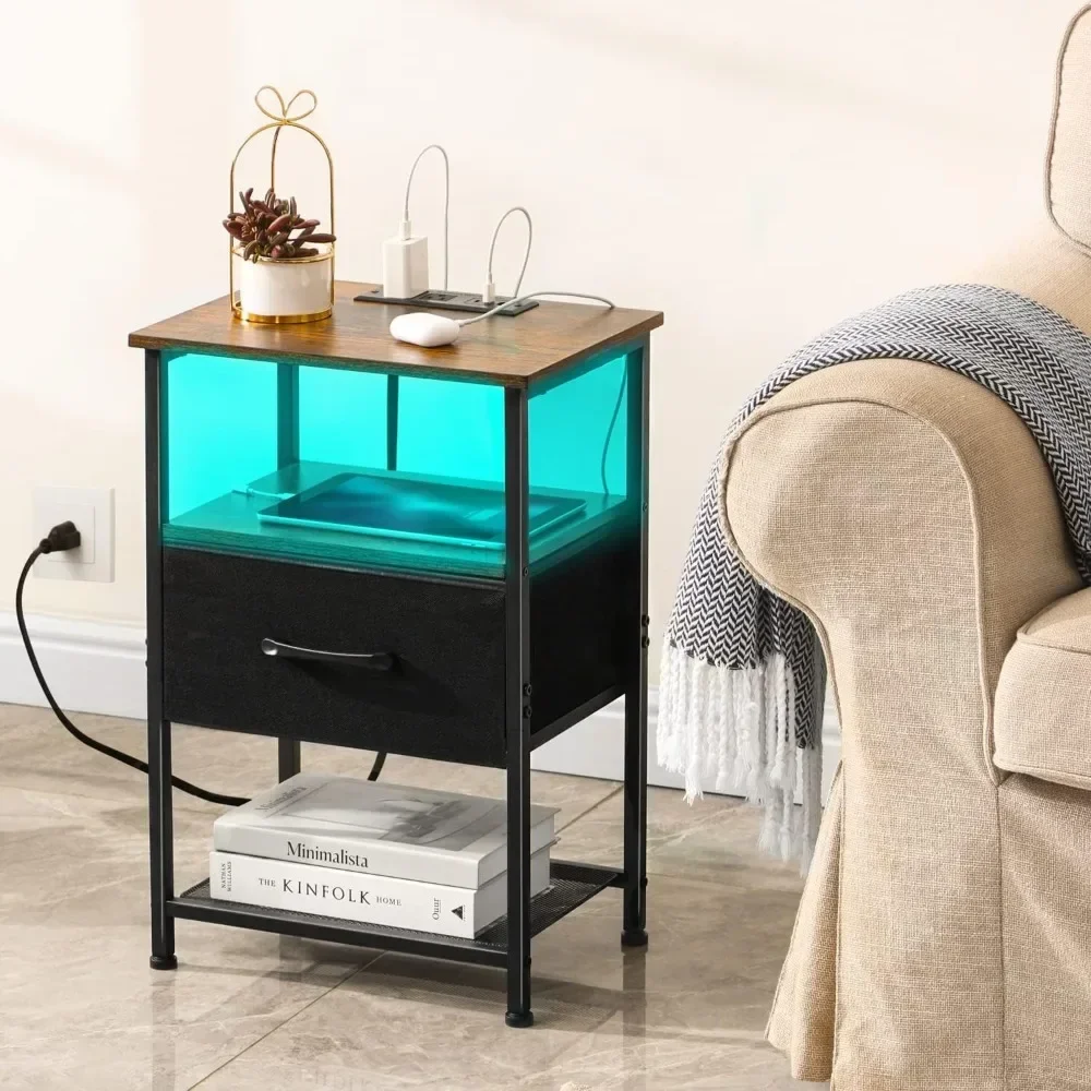 Nightstands Set of 2 with Charging Station and Drawer, End Table Bedside Table with 20 Colors LED Light Strip and 2 Layers