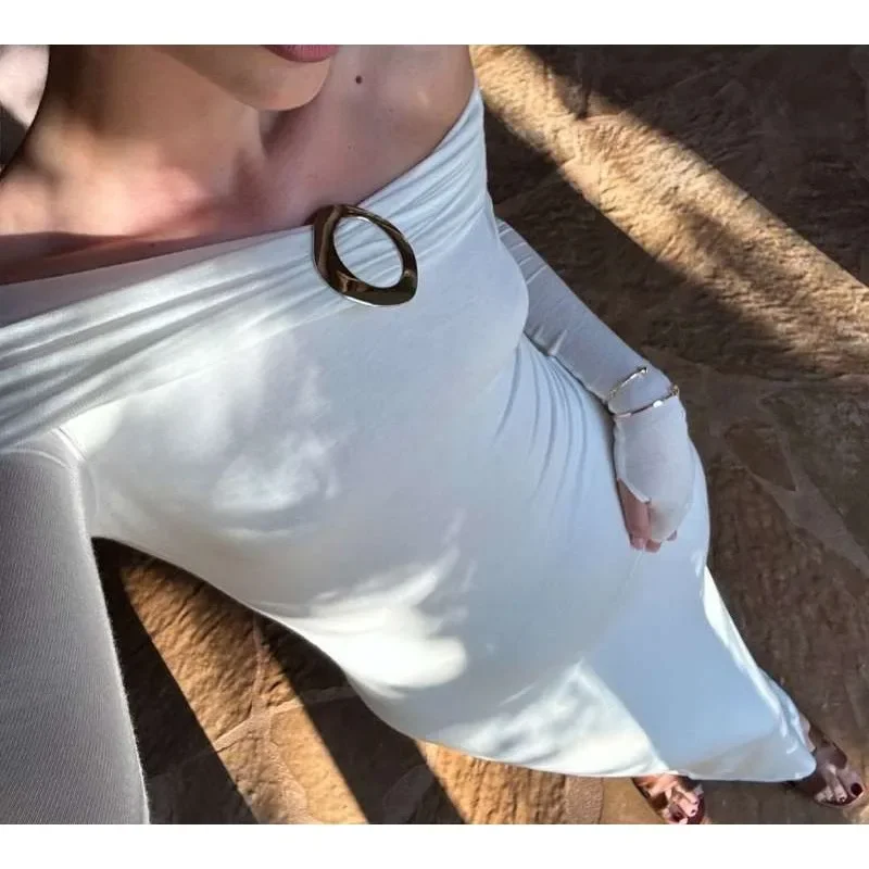 Off-Shoulder See-through Slim Long Dress Women's Sexy Strapless Slit Dress Fashion Long Sleeve Slim Beach Long Dress