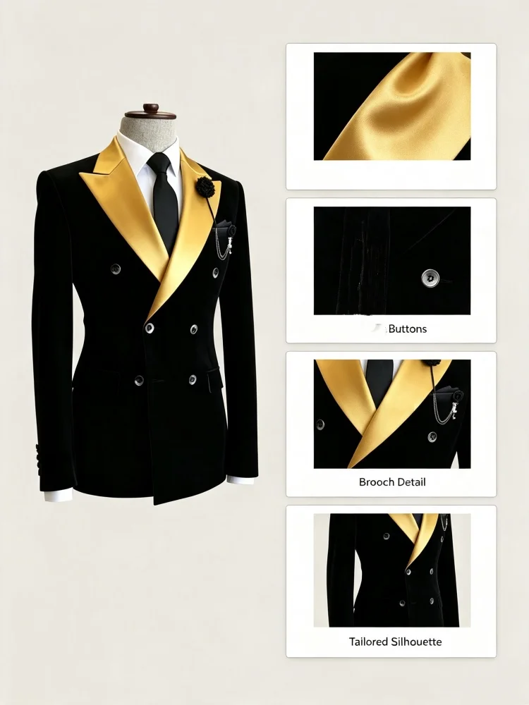 Men Casual Business Black Double Breasted Blazer Gold Contrast Satin Peak Lapel Slim Fit Tuxedo Jacket for Wedding Groom Party
