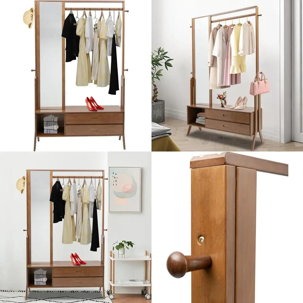 Bamboo Heavy Duty Free Standing Closet Organizer with 2 Drawers and Mirror, Open Wardrobe Storage Solution