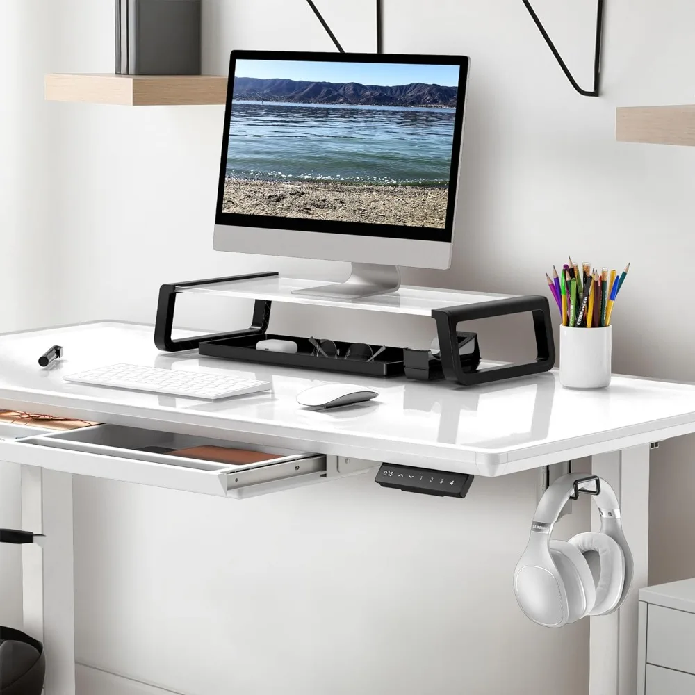 48-Inch | Whole-Piece Glass Electric Height Adjustable Desk | Monitor Riser and Drawer Included | White