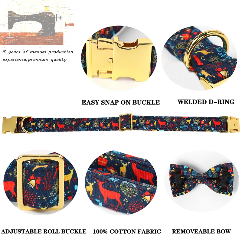 Unique Style Paws Blue Deer Christmas Dog Collar, Christmas Dog Collar with Flower Bowtie for Small Medium Large Dog