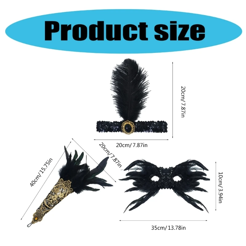 3 Pcs 20's Theme Set Masquerade Mask Long Gloves 1920s Accessories 20s Headpiece 1920s Gatsby Accessories Set Party Mask image 6