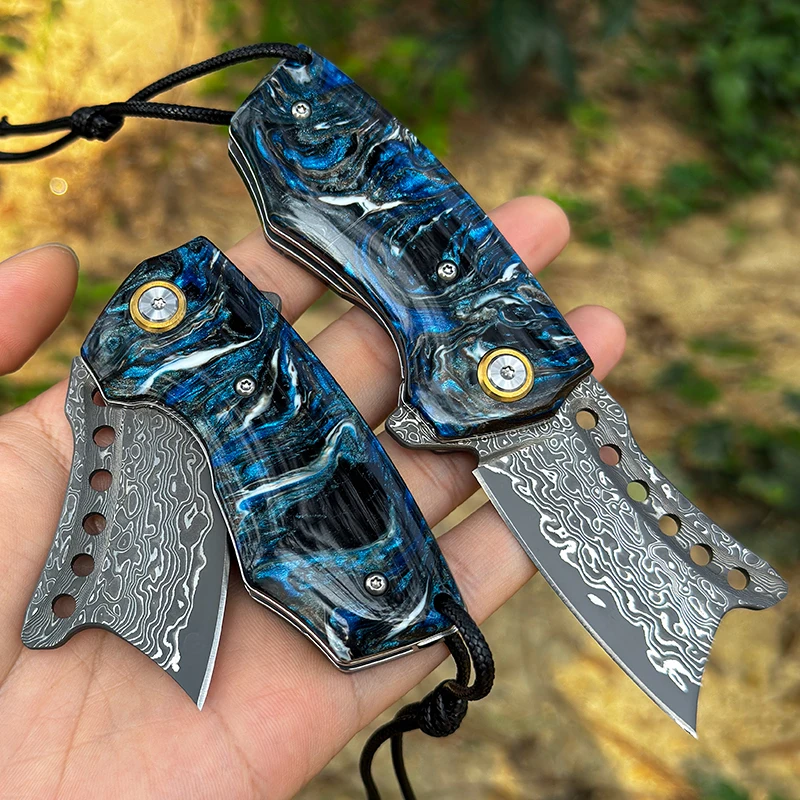 Handmade Damascus Steel Pocket Knife, Men's EDC Folding Knife,Camping Adventure,Outdoor Hunting Survival Kitchen Carrying Knife