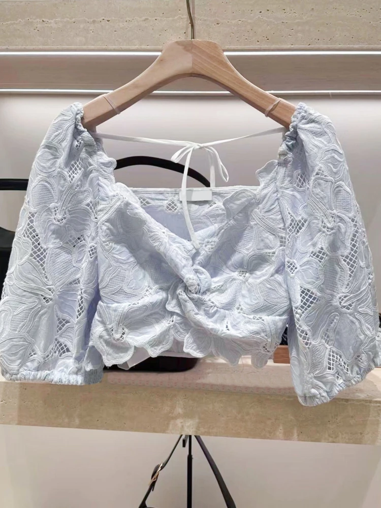 Ele Lace Bubble Sve V-Ne irt เสื้อผ้าแฟชั่นฤดูร้อนระดับพรีเมียมสำหรับผู้หญิงทรงตรงตรงสำหรับเดินทาง Sle ort Sve โพลีเอสเตอร์ ...