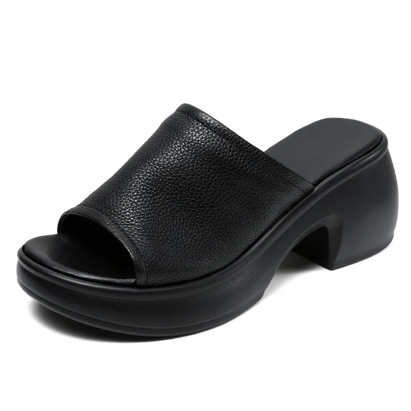 

Retro Womens Genuine Leather Fashion Slippers Luxury Handmade 2026 Summer New Comfortable Platform 7 Cm Height Woman Shoes