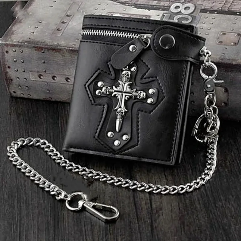 Men\'s PU Leather Wallet Foldable Rivet Retro Biker Wallet Anti-theft Pants Chain Purse Male Rock Punk Goth Tote Bag Walltes