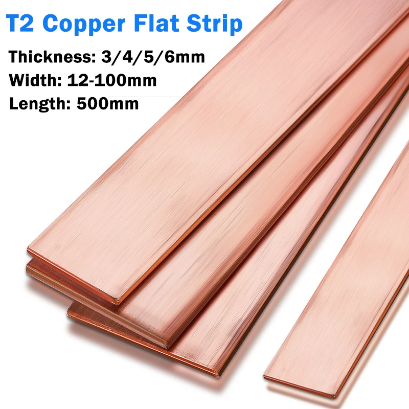 1pcs T2 Copper Pure Flat Strip Coppers Bus Bar  Thickness: 3mm 4mm 5mm 6mm Length:500mm Pure Copper Plate DIY Material