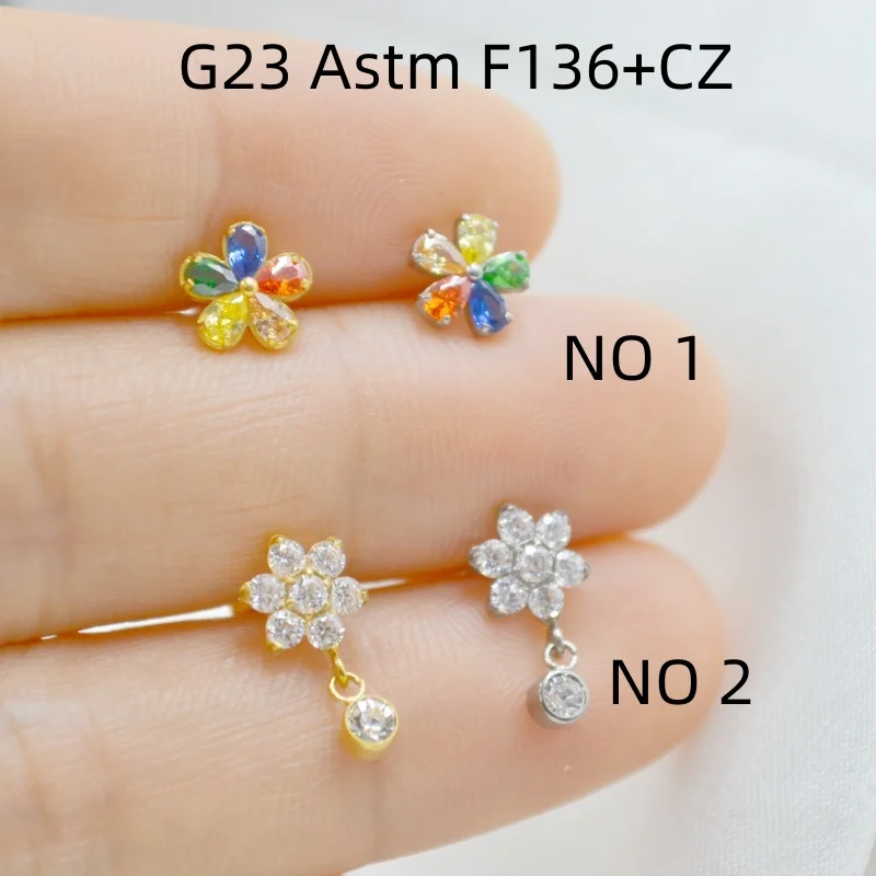 

10pcs G23 Titanium Astm F136 Flower CZ Lip Labret Ring Bar Ear Cartilage Helix Rook Tragus Studs 16G Body Piercing Jewelry