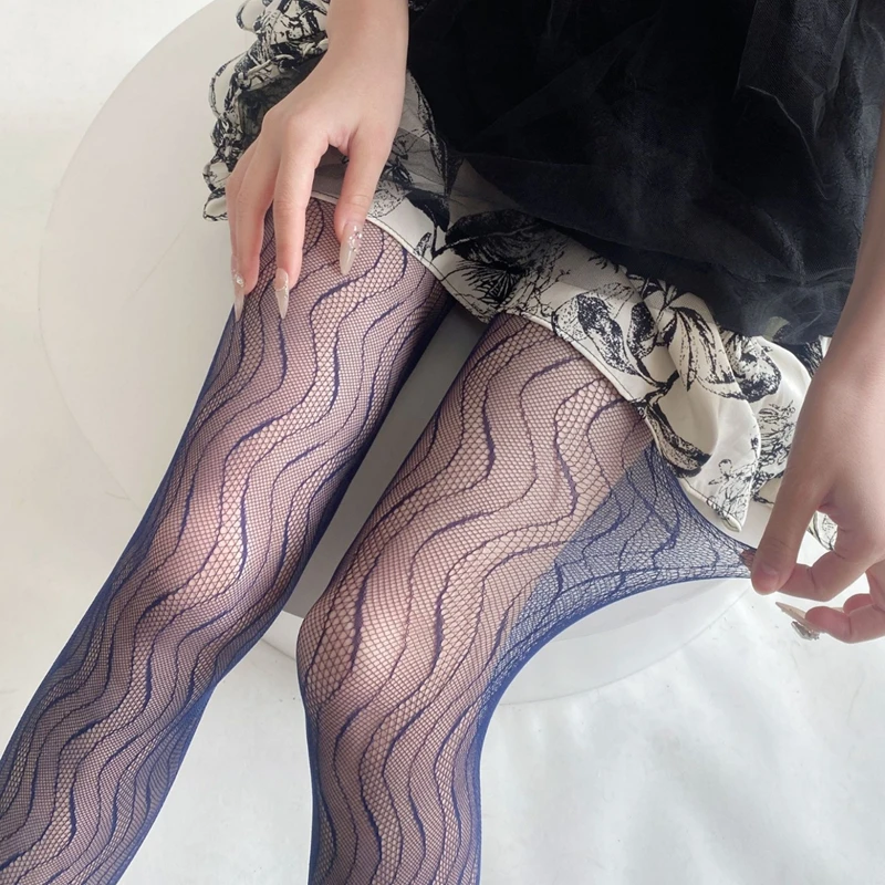 Women's Tights Elegant Sexy Wave Bottoming Stockings Ladies Hollow Out Lace Pantyhose Breathable Sheer Female Long Stockings