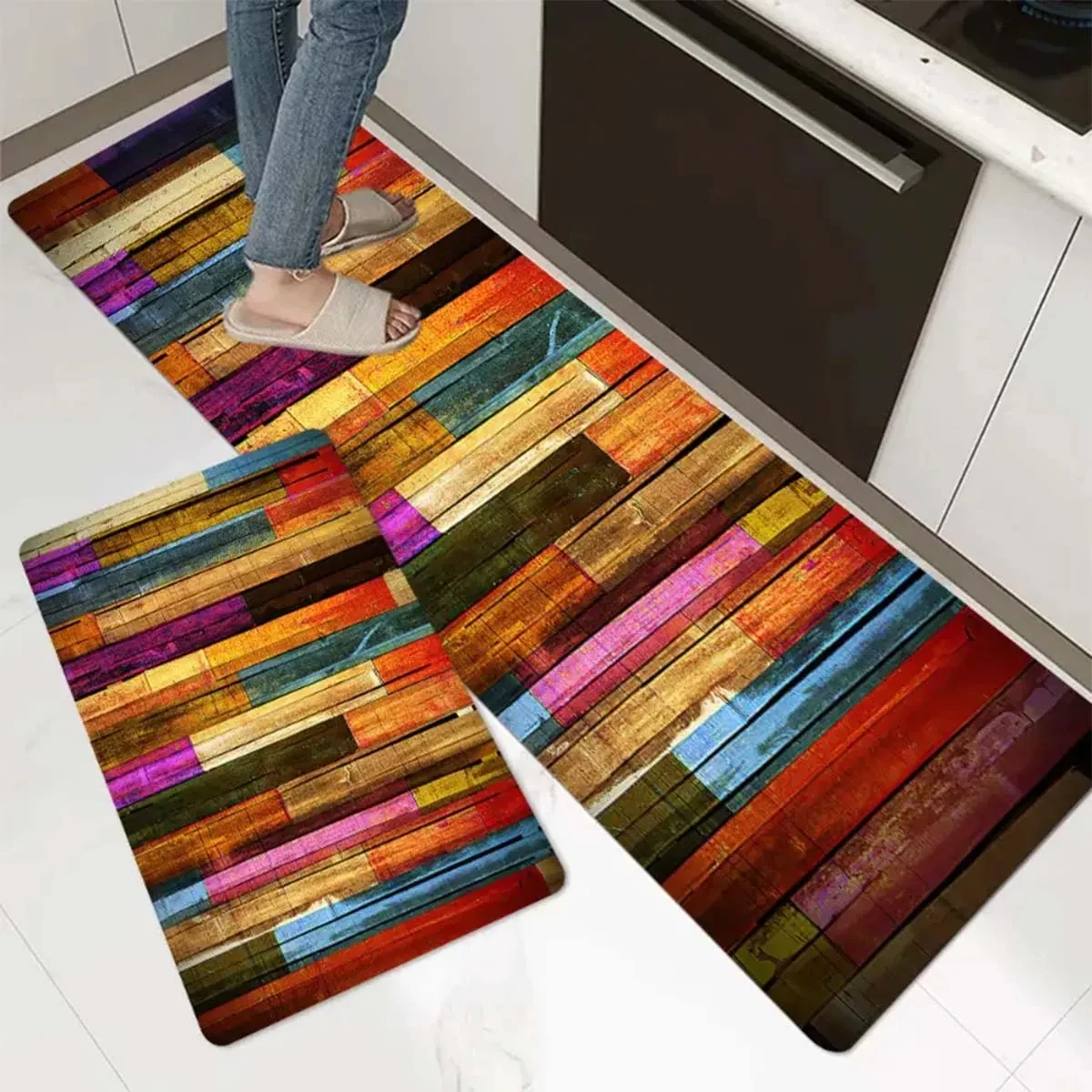 Waterproof PVC Mat for Kitchen, Oil-proof, Non-slip Floor Mats, Imitation Wood Grain, Leather Carpet, Large Rug