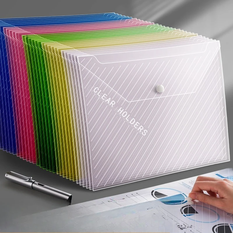 Envelope de plástico de 10 peças, pasta transparente de cor aleatória 5 cores A4 adequado para material escolar e de escritório, 12,6x9,06 polegadas