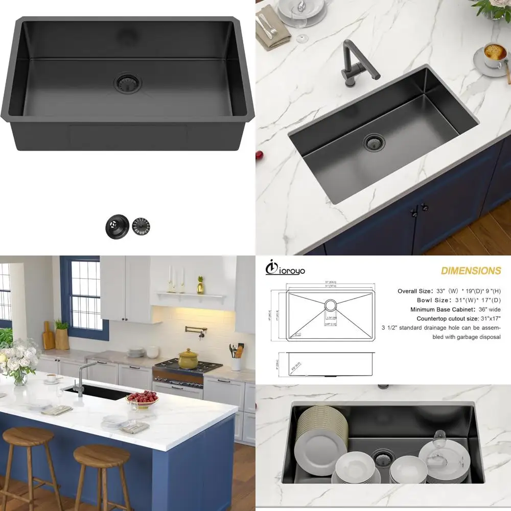 

Single Bowl Undermount Kitchen Sink 33 x 19 Gunmetal Black Stainless Steel 18 Gauge, 33 Inch Deep Basin Kitchen Sink