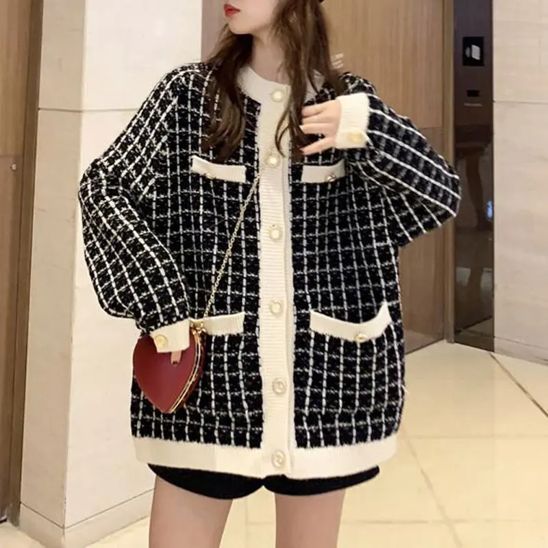 세련된 격자 무늬 패치워크 니트 카디건 여성 의류, 출퇴근 O-넥 싱글 브레스트 포켓, 한국 스웨터, 가을 겨울