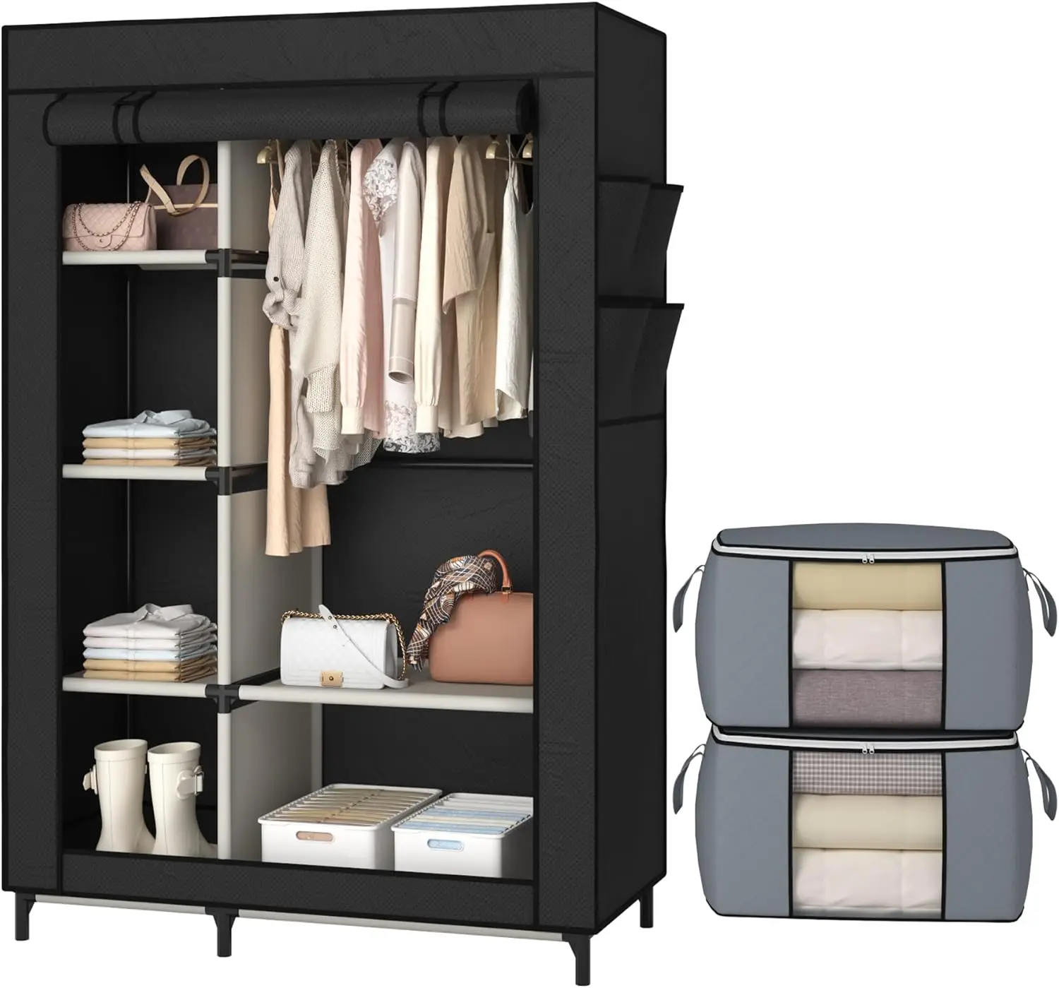 

Portable Wardrobe with 6 Shelves and Hanging Rod, Non-Woven Fabric Storage Organizer for Bedroom, 4 Side Pockets, Includes 2