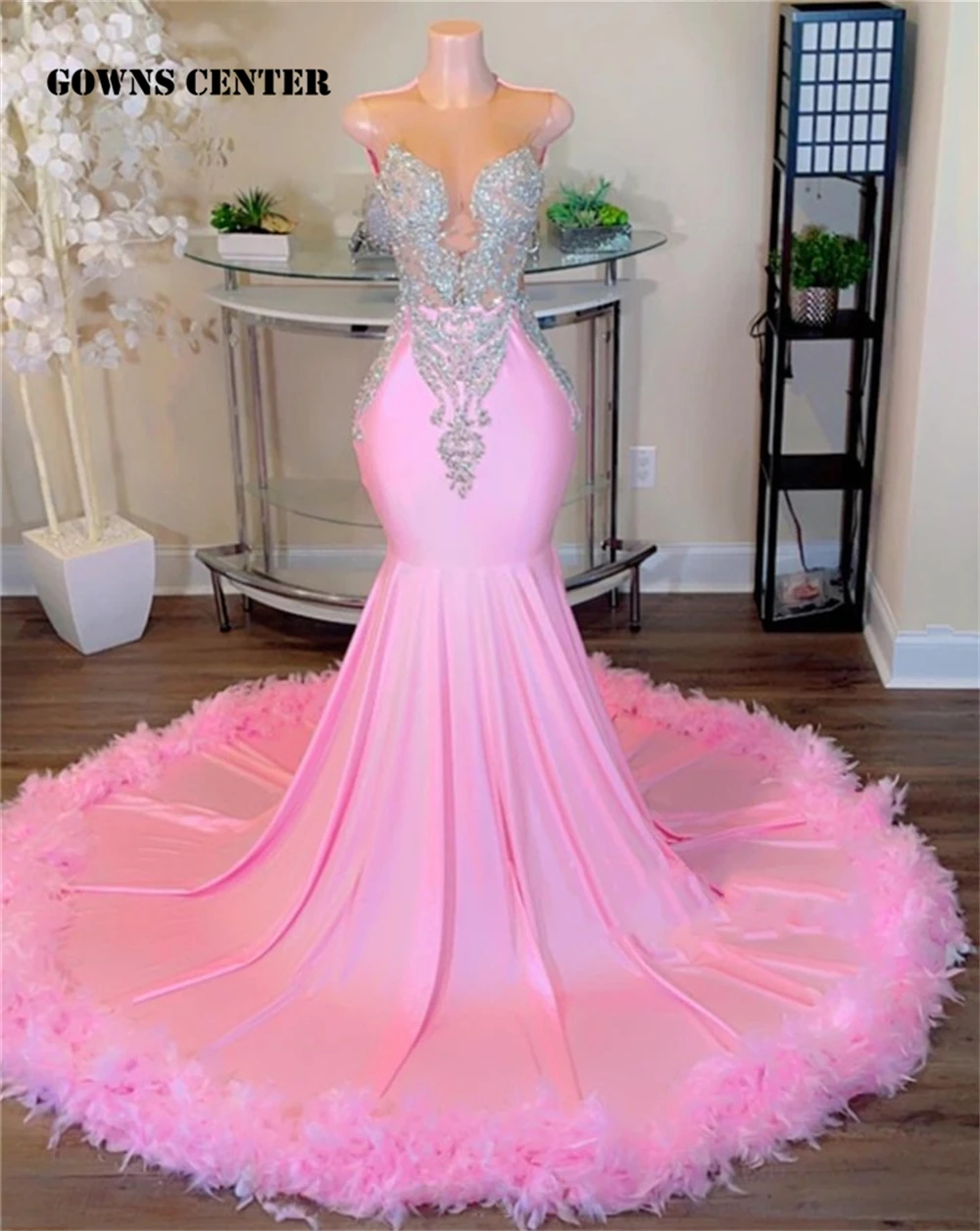 Sweety Pink Feathers Mermaid Prom Dresses 2024 For Black Girls Sliver Crystal Beaded Cocktail Gowns Sexy Sparkly Customized