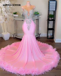 Sweety Pink Feathers Mermaid Prom Dresses 2024 For Black Girls Sliver Crystal Beaded Cocktail Gowns Sexy Sparkly Customized