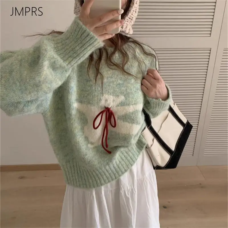 Cute Cartoon Bear Knitted Sweaters Women Lazy Wind Loose Bow O Neck Pullovers Fall Winter Sweet Kawaii Soft Knitwear Jumper New