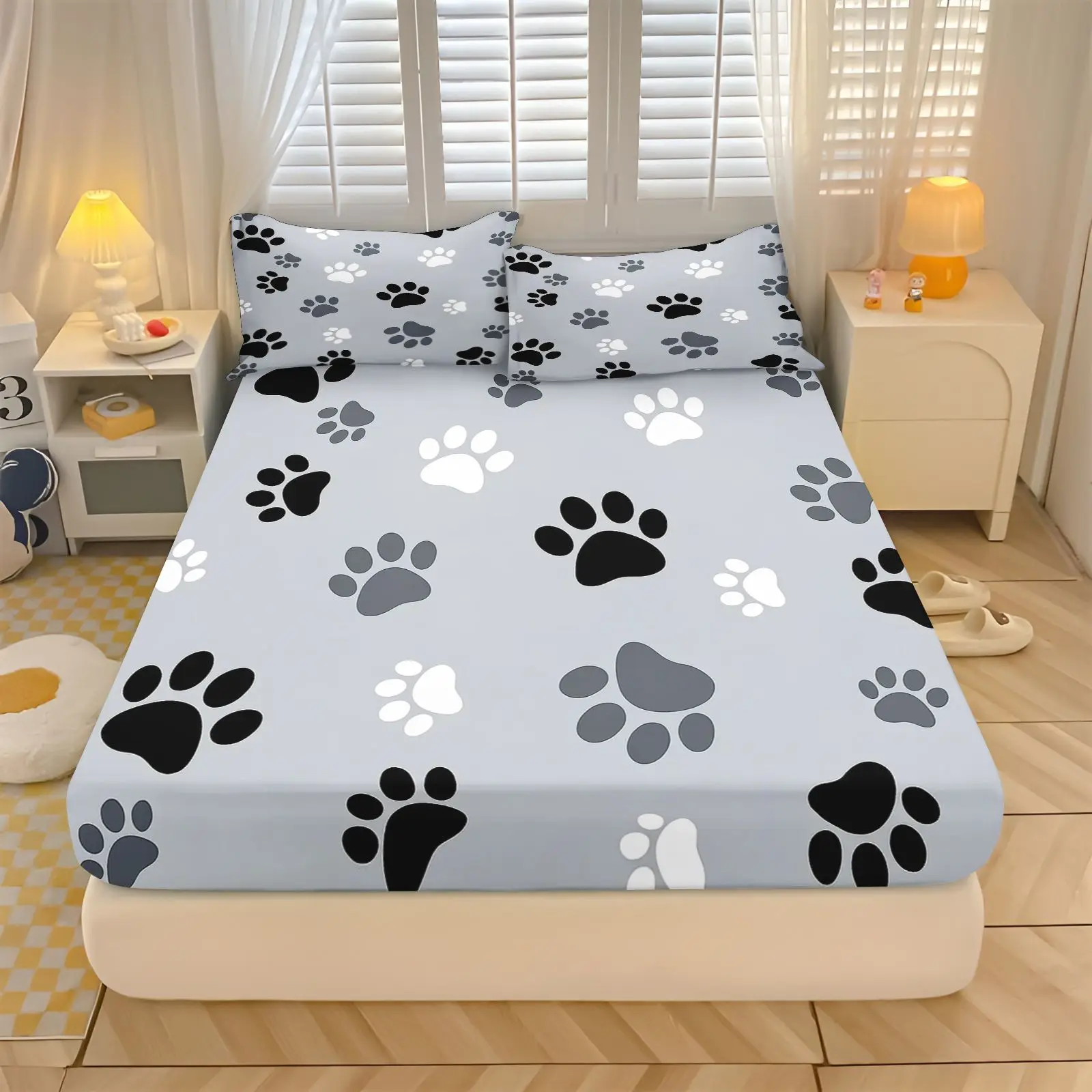 Cartoon Cat Paws Printed Fitted Sheet Set Turquoise Deep Pocket Bed Sheets Pillowcases Cute Animal Bedding for Kids Bedroom