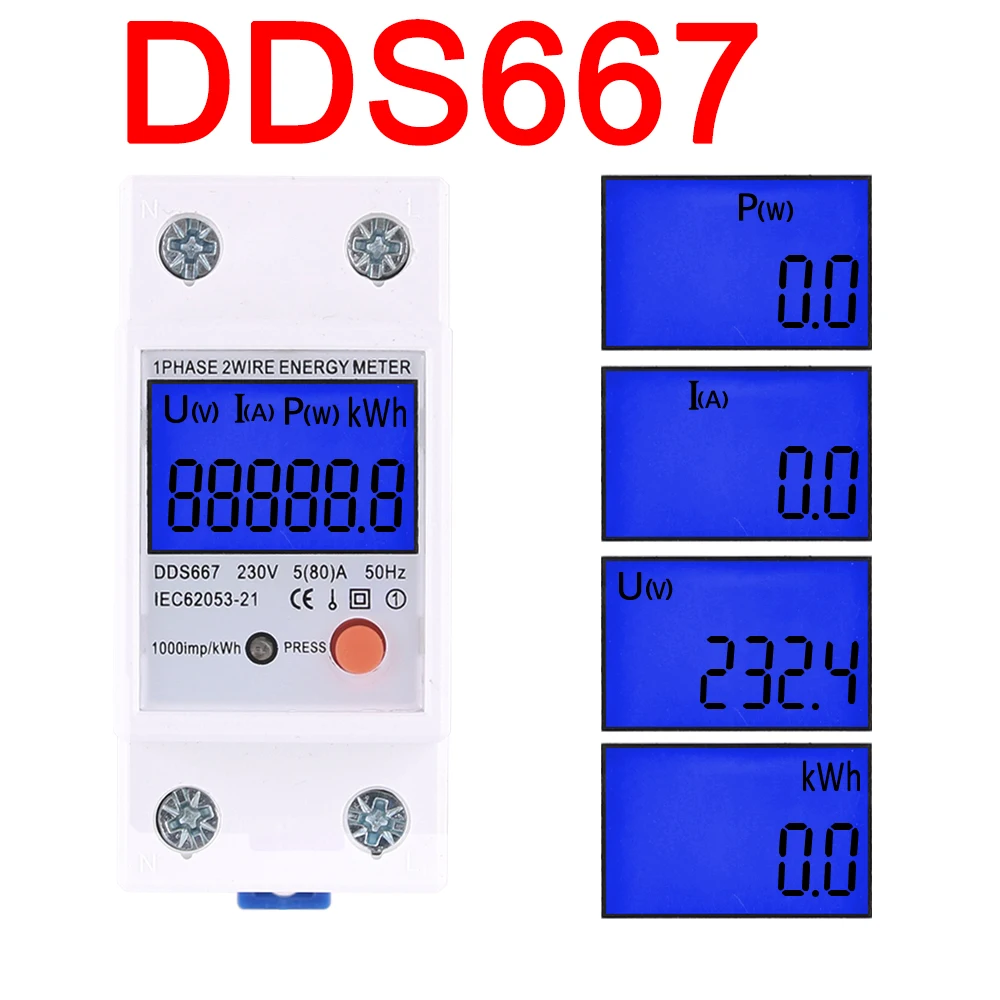 Electric Energy Meter 2P Single Phase LCD Digital Display DIN Rail Mounting 2wire Electric Meter Wattmeter Power kWh AC230V 60Hz