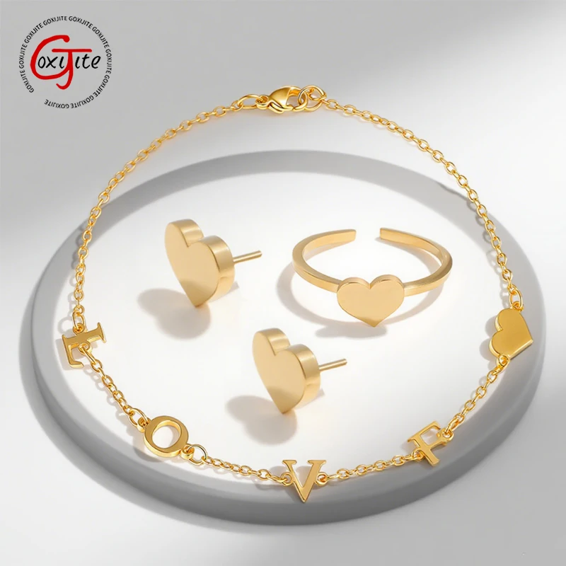 Goxijite Personalized Name Love Bracelet For Couple Stainless Steel Heart  Ring Earring Jewelry Set  Women's Accessories Gift