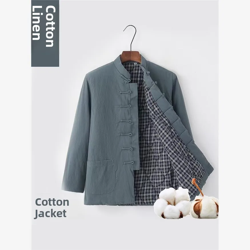 

Зимняя хлопковая куртка Thiened, мужская свободная повседневная китайская традиционная одежда, длинная све, однотонная хлопковая льняная одежда Тан...