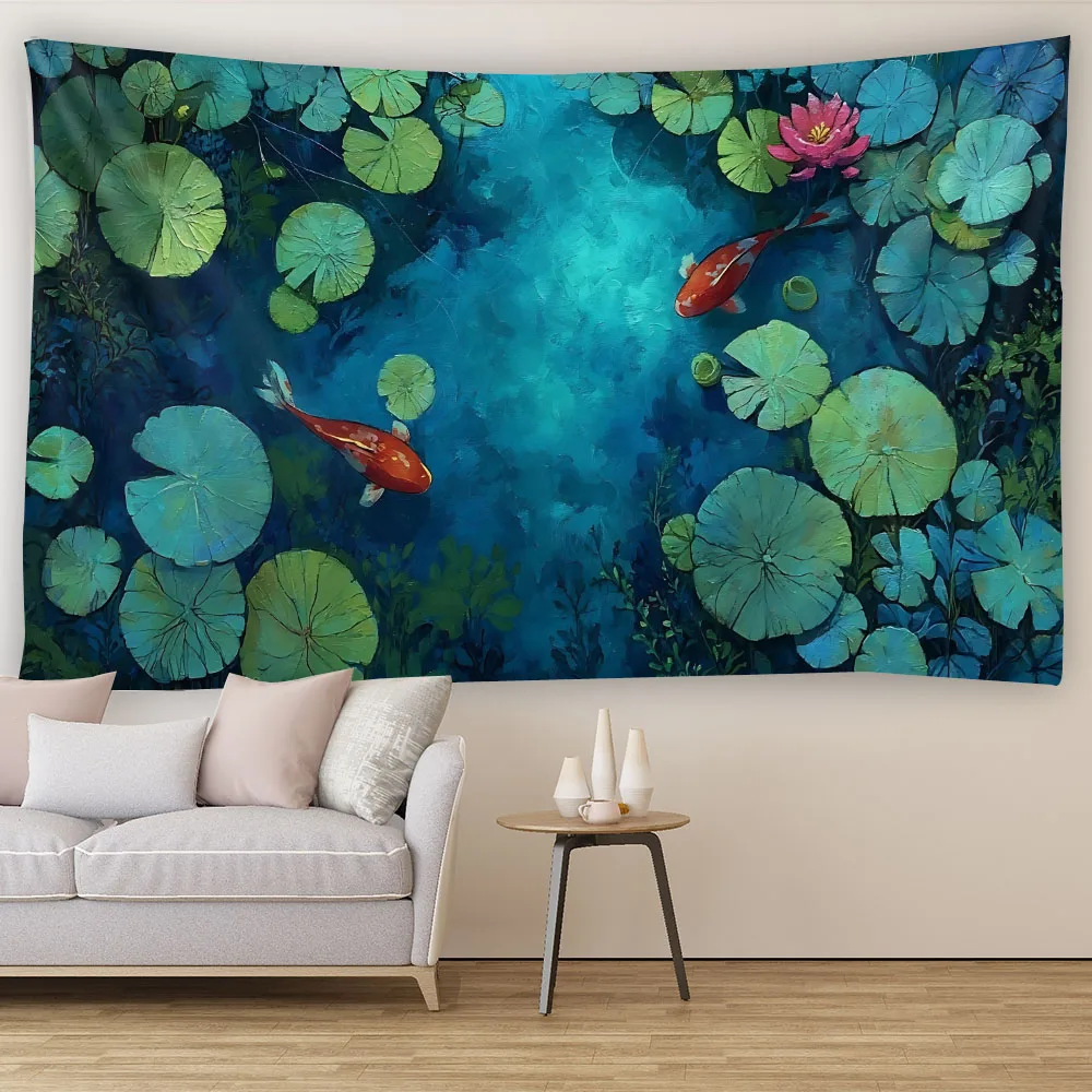 Pond Lotus Tapestry, Impressionist Oil Painting Fabric Wall Hanging, Bedroom Living Room Natural Scenery Wall Decoration Blanket