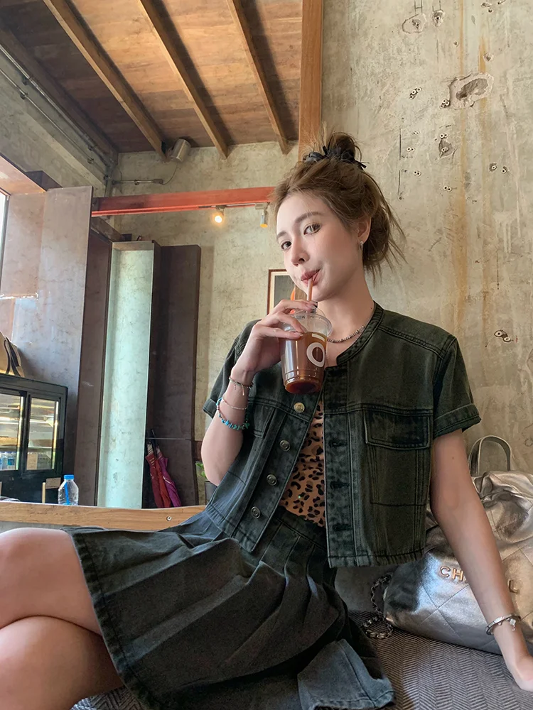 

PPLAND Island Holiday Denim ort Sve Jaet и плиссированная юбка, комплект из двух предметов, хлопок, обычный тонкий комплект для поездок на работу