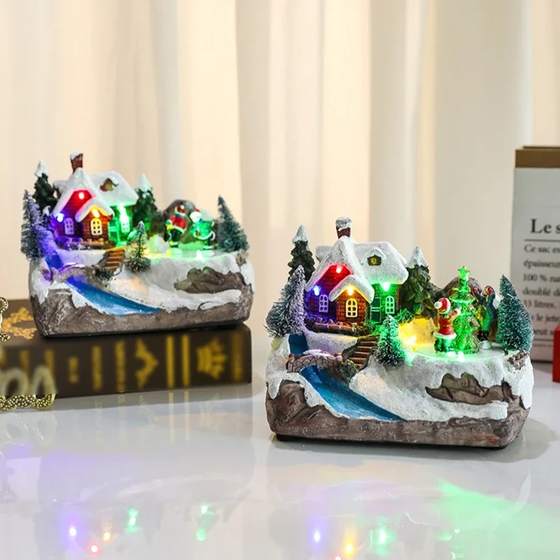 Christmas Village Houses with Movement and Lighting Resin Figure Snow Balls House Ornament Figurines Belen Figures and Houses