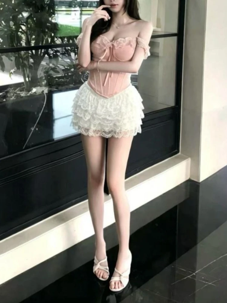 French Elegant Women's Clothing Sets Off Shoulder Lace Corset Crop Top High Waist Ruffle Mini Skirt 2Pcs Set Slim Fit Sexy Party