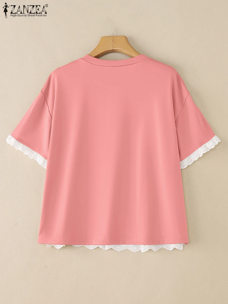 ZANZEA Vrouwen Koreaanse T-shirts Zomer Kant Tees 2025 Mode Korte Mouw O-hals Patchwork Casual T-shirts Losse Oversized Shirts