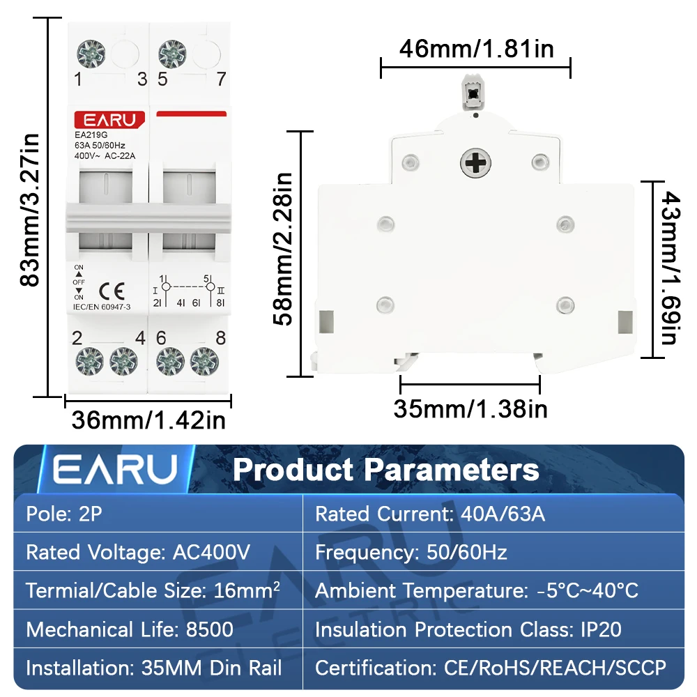 EARU 2P 40A 63A AC 400V Din Rail Modular MTS Dual Power Manual Transfer Switch Isolating Disconnecting Switch Circuit Breaker