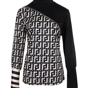 Sexy weibliche Reißverschluss -Top, Hochkragen, elegantes Oberteil, Langarm, Druck, Bürobluse, Mode 2023 12 Hauptverkaufsbluse Reißverschluss - №10