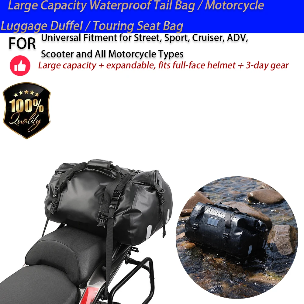 For Motorcycle 30-65L Waterproof Tail Bag Rear Seat Duffel Touring Luggage No-Drill Accesorios Moto