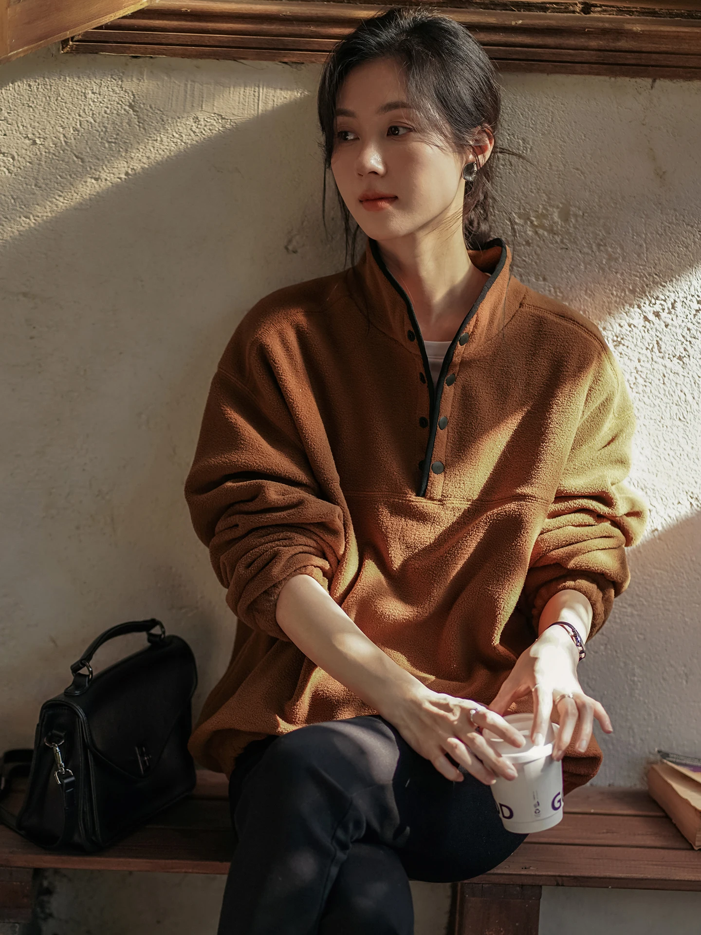 

Ele Korean Sle Loose Fit Fce Sweatirt f Open Cardigan Stand Collar Color Blo Design Winter New Arrival for Women