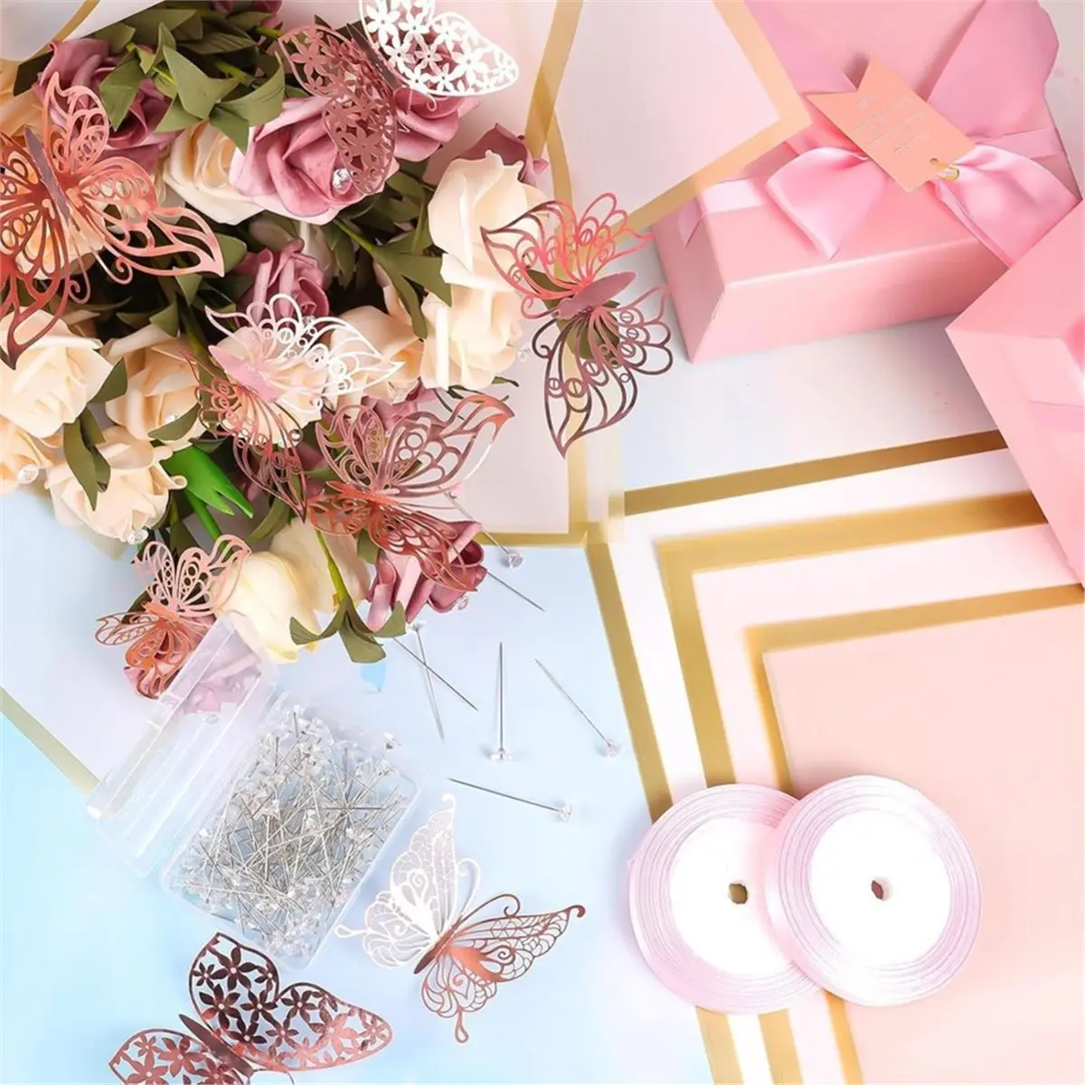 PHONE&GEAR Bouquet Wrapping Paper Kits, Waterproof Floral Wrapping Paper in Black Pink Beige with Ribbons, Pins, 3D Butterflies