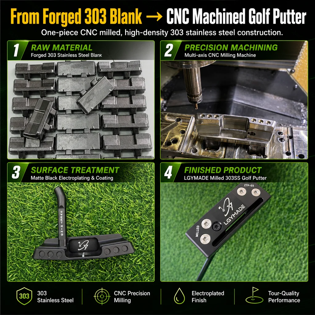 Golf Blade Putter Club Fully Milled 303 Stainless Steel CNC Machined Sound Slot Crisp Metallic Impact Tone Right and Left Handed