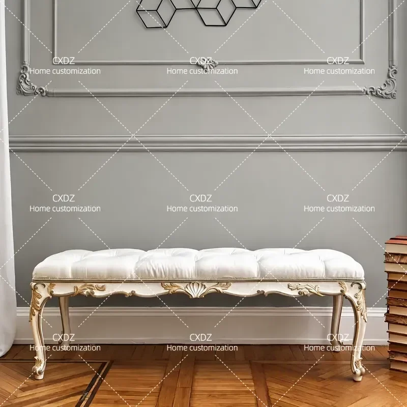 French Retro Solid Wood Carved Flower Bedside Stool White Gold Buckle Bench European Style Villa Fabric Upholstered Resting