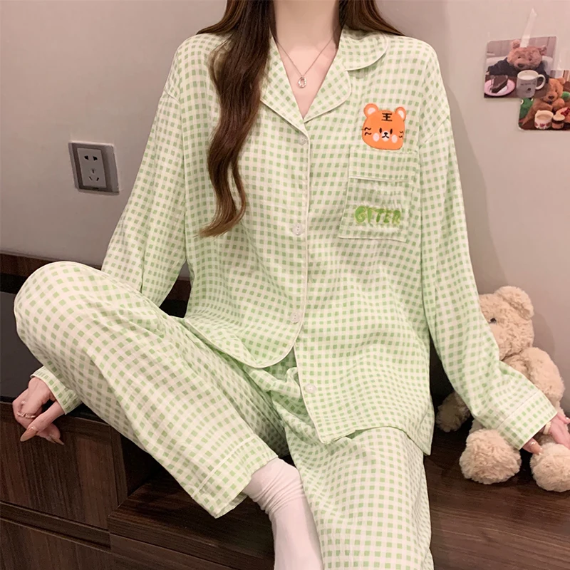 

Женские пижамы с милым тигром и мультяшной вышивкой, свежая модная простая клетчатая домашняя одежда Y2k, весна-осень 2021, хлопковое ночное белье с облаком