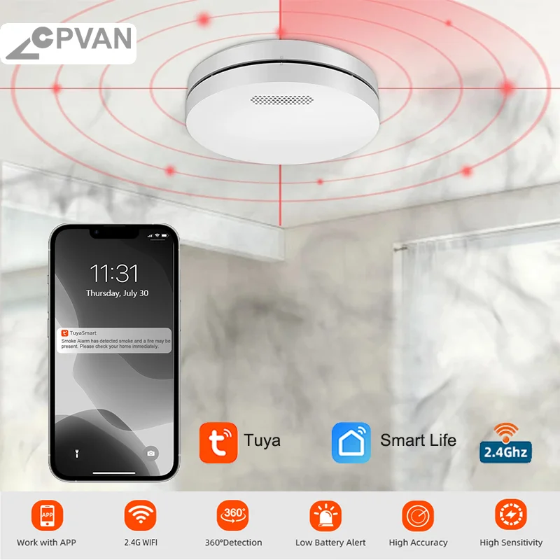 CPVAN-Detector de humo Tuya Wifi, Sensor de alarma, 85dB, protección de seguridad para el hogar, sistema de alarma contra incendios, control por