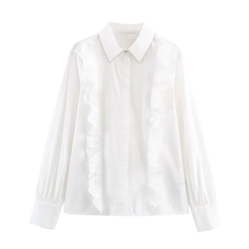 

Woman Lapel Bead Embellished Poplin Shirt Long Sleeved Stacked Decoration Shirts Casual Elegant Chic Female Loose Blouses