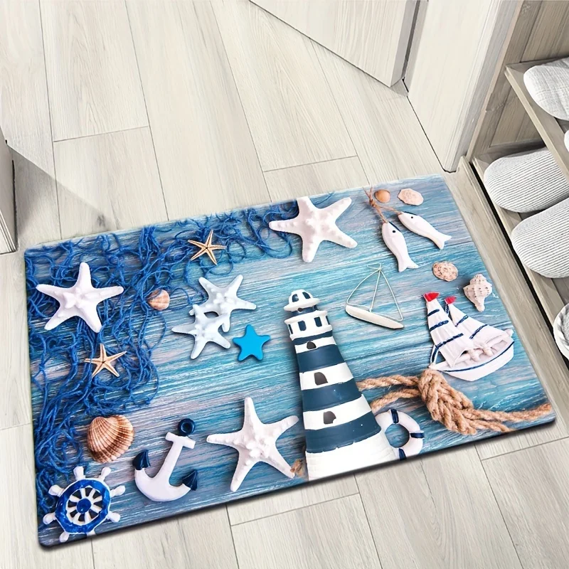 Newest Doormat Nautical Lighthouse Starfish Anchor Shell Print Flannel Doormat Non Slip Ocean Style Entry Mat
