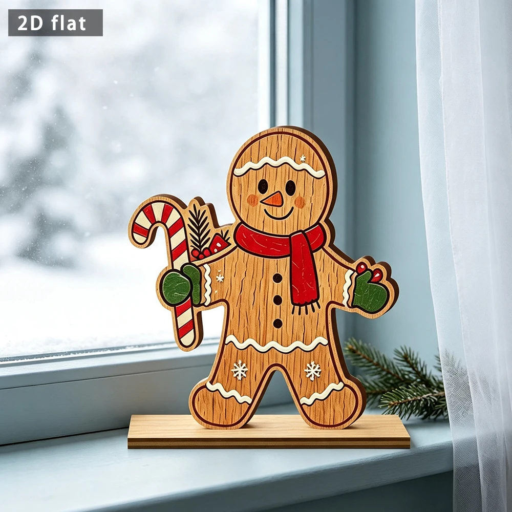Wooden Gingerbread Man 2D Flat Table Sign Christmas Candy Cane Ornament Freestanding Desktop Decor for Holiday
